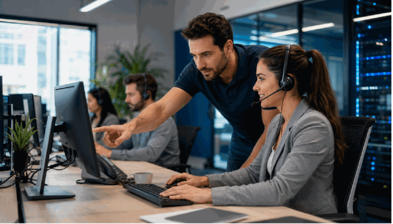 Professional IT support team assisting employees in a modern office environment with remote monitoring and business technology support in Spring TX