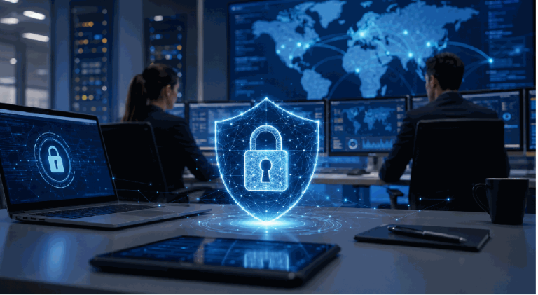 Cybersecurity services Spring TX team monitoring business network security and data protection systems in a modern IT operations center by Blue Iron Technologies.
